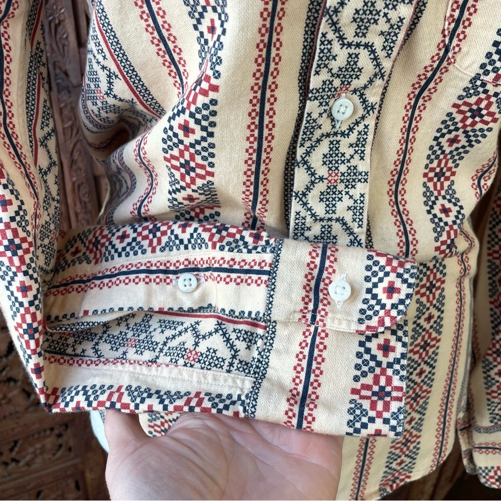 Gitman Bros Vintage Cream Button-Up Shirt with western cross stitch print - Picture 9 of 16